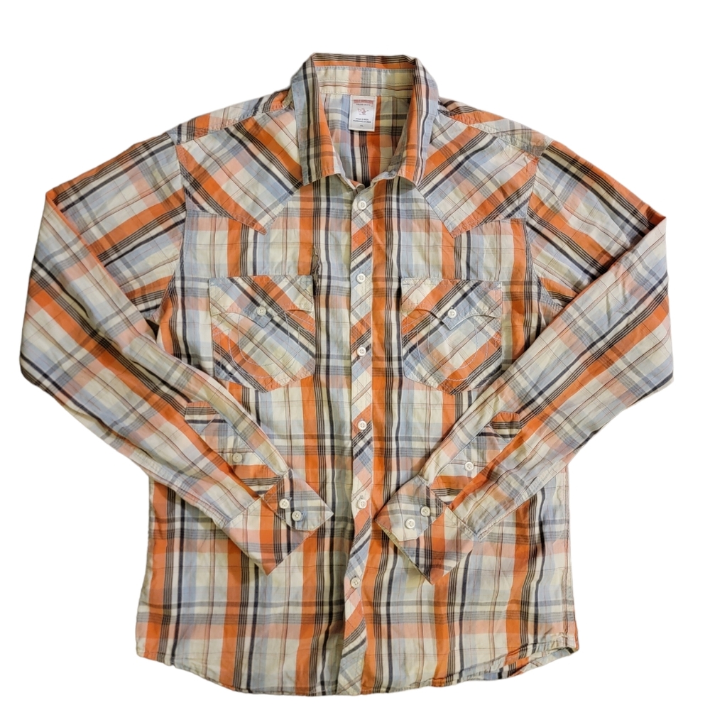 True Religion Jeans Shirt, XL, orange, blue, white & gray